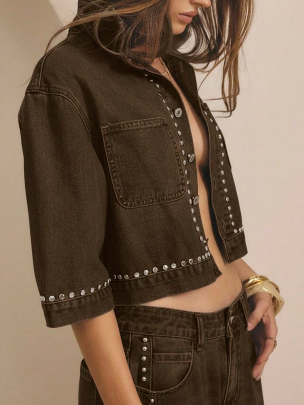Chocolate Brown Casual Women's Studded Button Front Short Sleeve Cropped Jacket - Picture 4 of 7